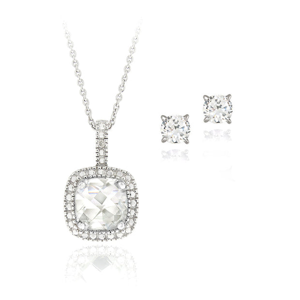 Sterling Silver 4ct White Topaz & Diamond Accent Square Necklace & Earrings Set