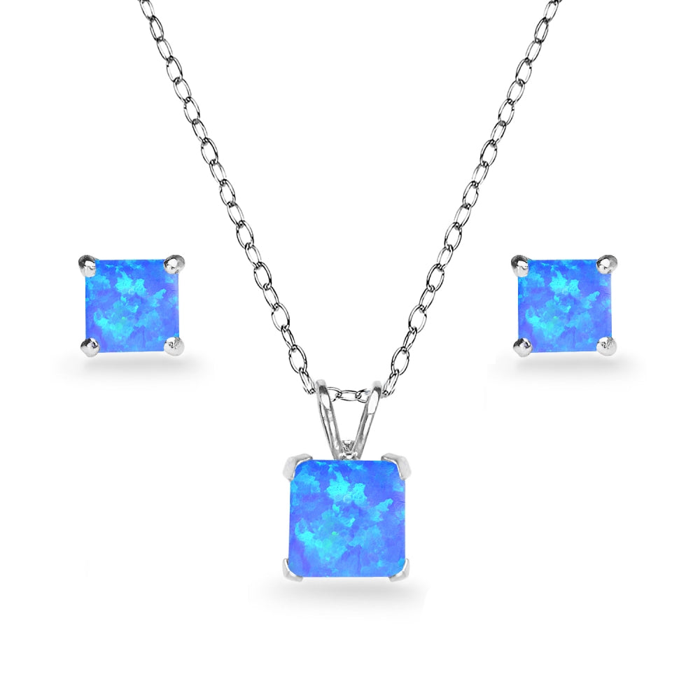 Sterling Silver Created Blue Opal Square Solitaire Necklace and Stud Earrings Set