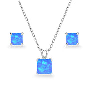 Sterling Silver Created Blue Opal Square Solitaire Necklace and Stud Earrings Set
