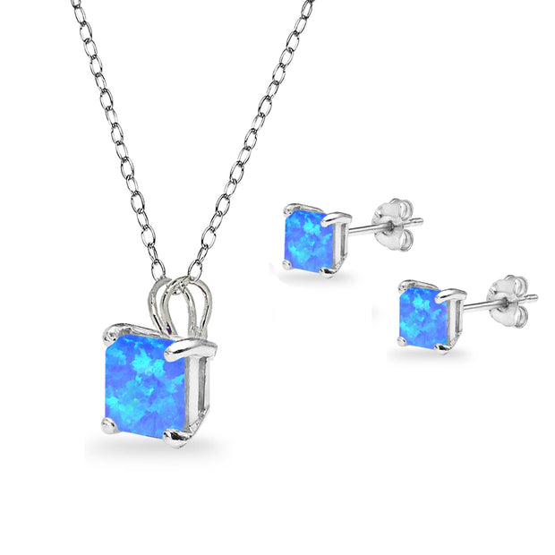 Sterling Silver Created Blue Opal Square Solitaire Necklace and Stud Earrings Set