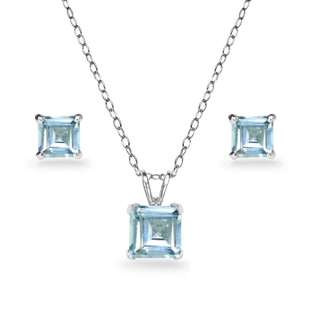 Sterling Silver Blue Topaz Square Solitaire Necklace and Stud Earrings Set