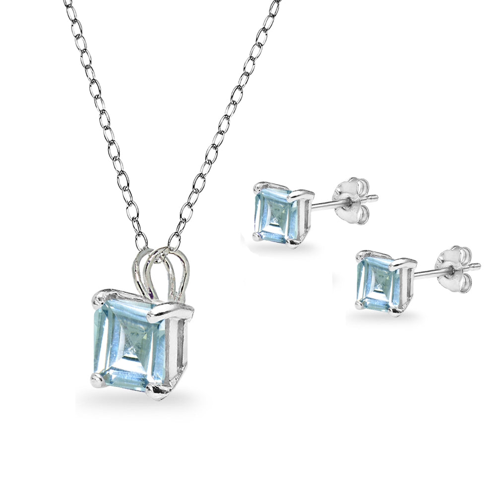 Sterling Silver Blue Topaz Square Solitaire Necklace and Stud Earrings Set-2