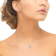 Sterling Silver Blue Topaz Square Solitaire Necklace and Stud Earrings Set
