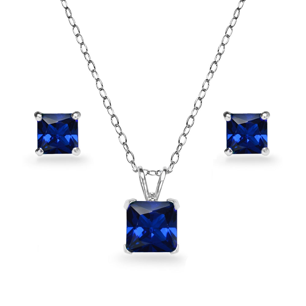 Sterling Silver Created Blue Sapphire Square Solitaire Necklace and Stud Earrings Set