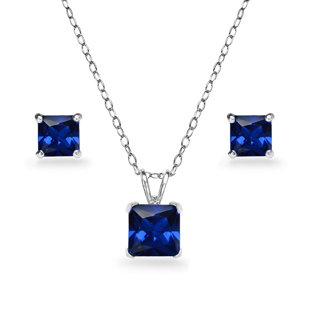 Sterling Silver Created Blue Sapphire Square Solitaire Necklace and Stud Earrings Set