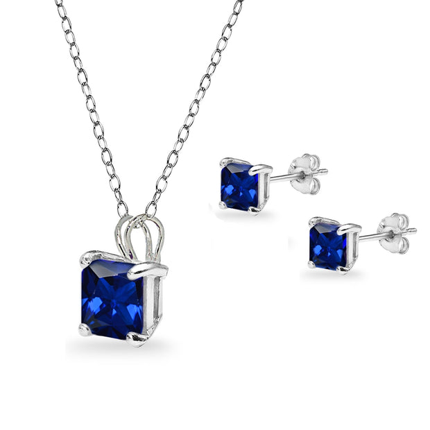 Sterling Silver Created Blue Sapphire Square Solitaire Necklace and Stud Earrings Set