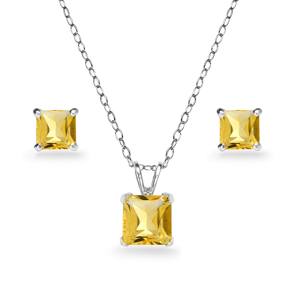 Sterling Silver Citrine Square Solitaire Necklace and Stud Earrings Set