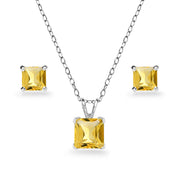 Sterling Silver Citrine Square Solitaire Necklace and Stud Earrings Set