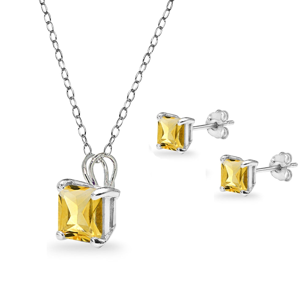 Sterling Silver Citrine Square Solitaire Necklace and Stud Earrings Set-2