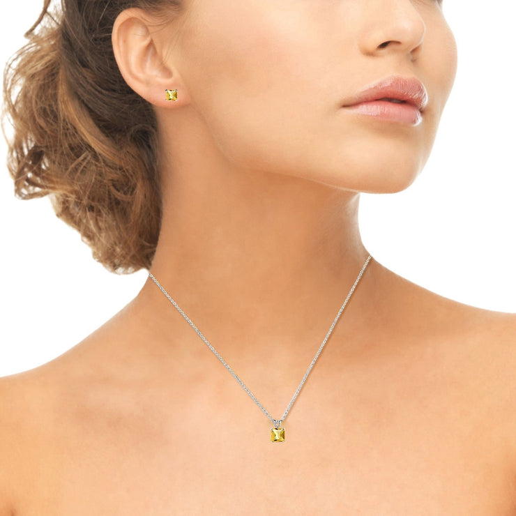 Sterling Silver Citrine Square Solitaire Necklace and Stud Earrings Set