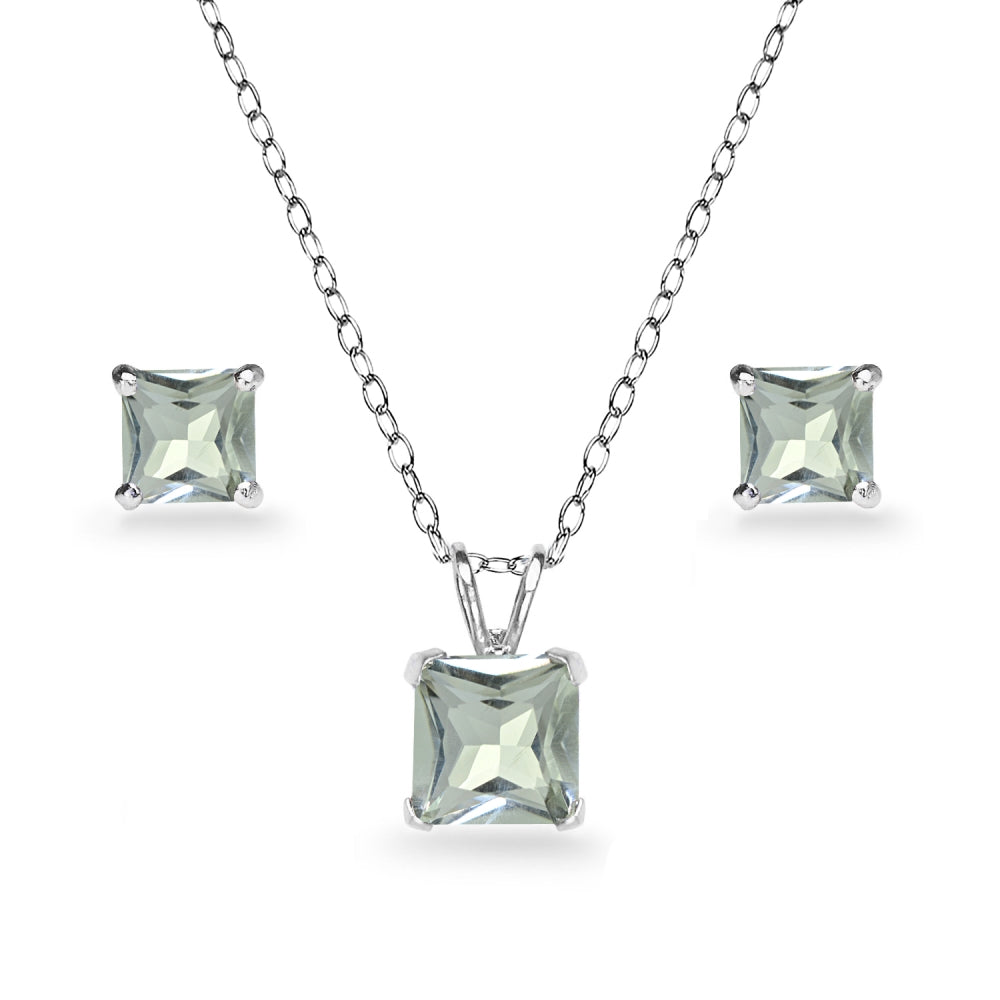 Sterling Silver Green Amethyst Square Solitaire Necklace and Stud Earrings Set