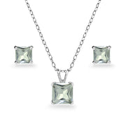 Sterling Silver Green Amethyst Square Solitaire Necklace and Stud Earrings Set