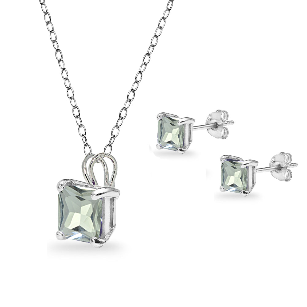 Sterling Silver Green Amethyst Square Solitaire Necklace and Stud Earrings Set-2
