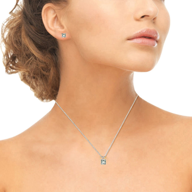 Sterling Silver Green Amethyst Square Solitaire Necklace and Stud Earrings Set