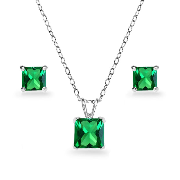 Sterling Silver Simulated Emerald Square Solitaire Necklace and Stud Earrings Set