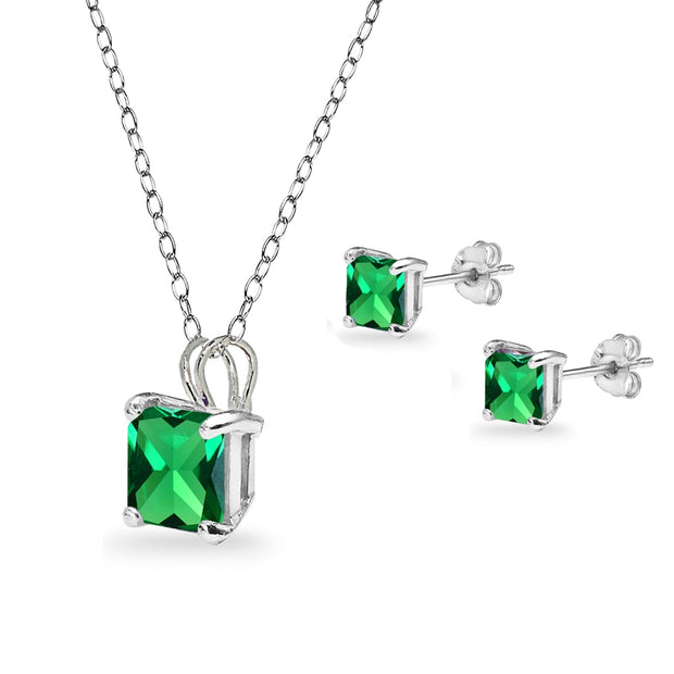 Sterling Silver Simulated Emerald Square Solitaire Necklace and Stud Earrings Set