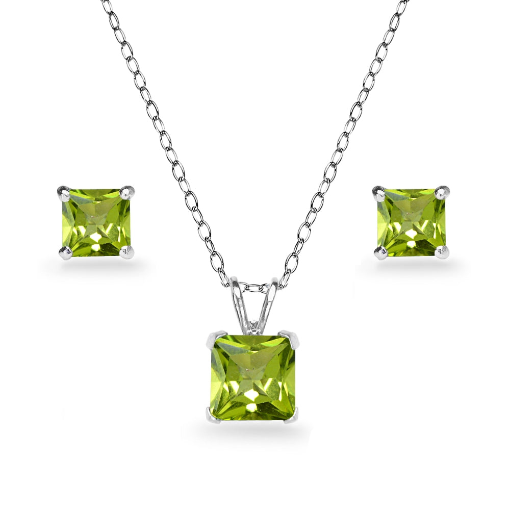 Sterling Silver Peridot Square Solitaire Necklace and Stud Earrings Set