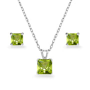 Sterling Silver Peridot Square Solitaire Necklace and Stud Earrings Set