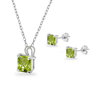 Sterling Silver Peridot Square Solitaire Necklace and Stud Earrings Set