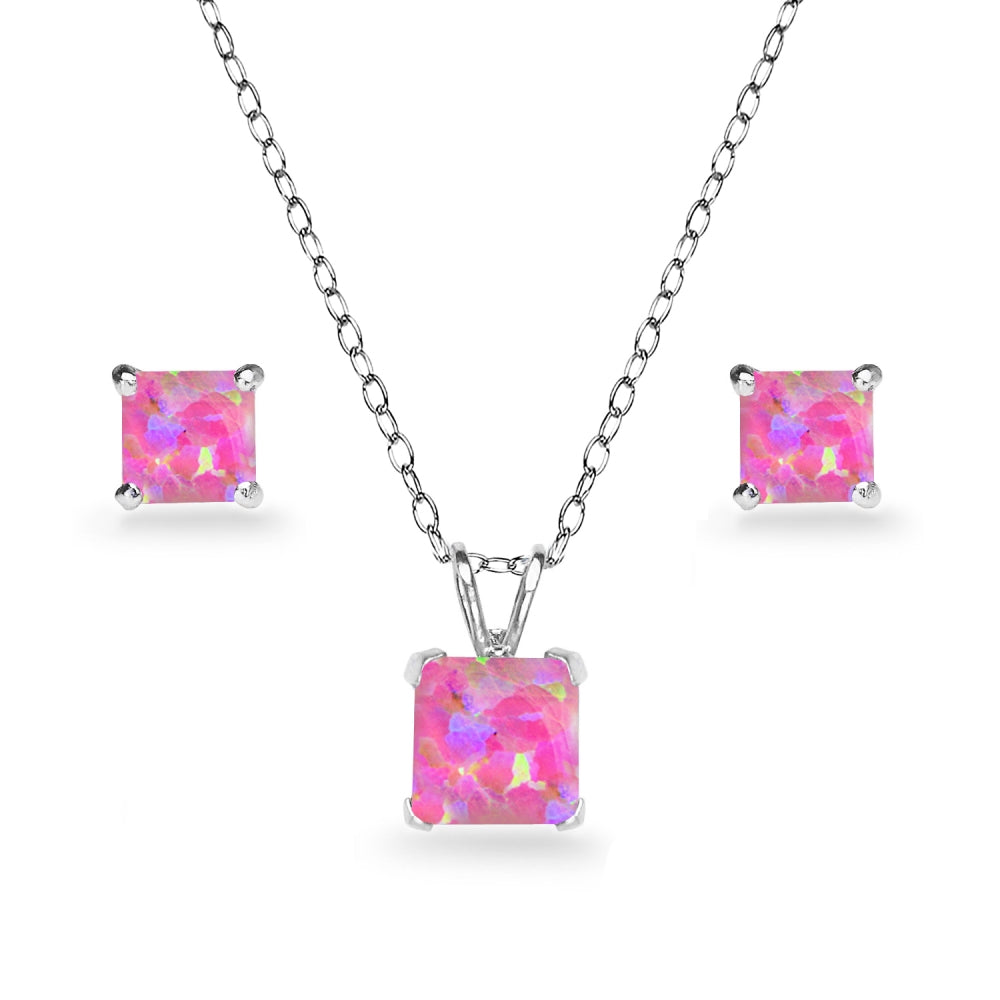 Sterling Silver Created Pink Opal Square Solitaire Necklace and Stud Earrings Set
