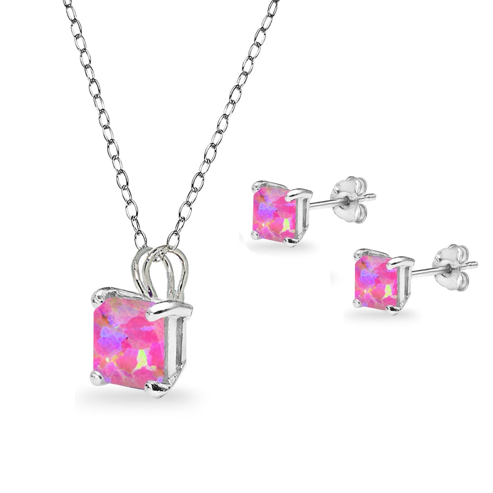 Sterling Silver Created Pink Opal Square Solitaire Necklace and Stud Earrings Set-2