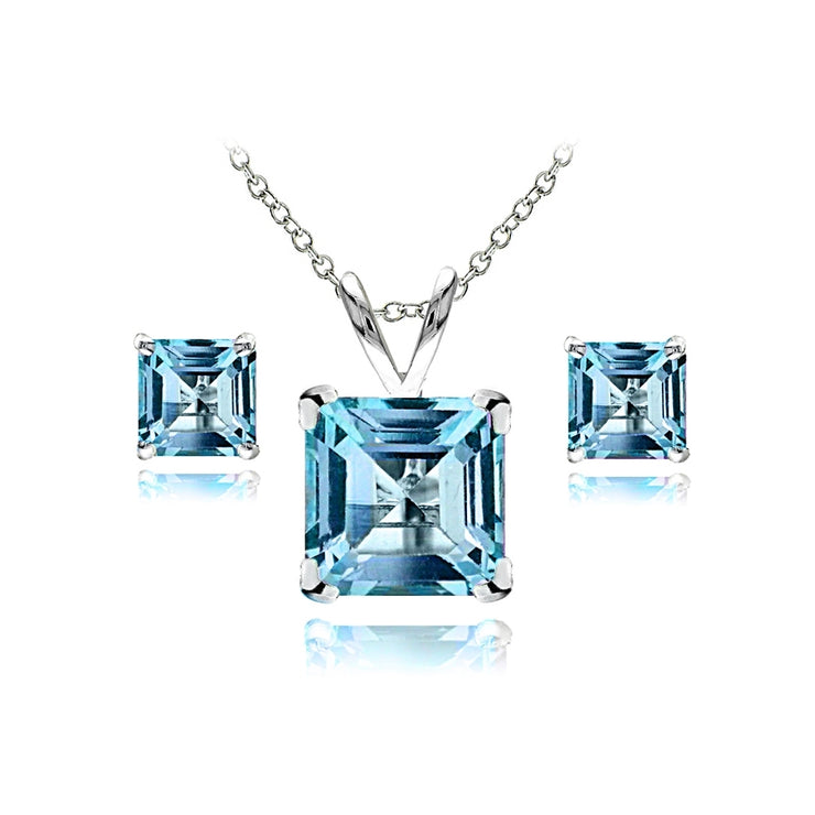 Sterling Silver Swiss Blue Topaz Square Solitaire Necklace and Stud Earrings Set