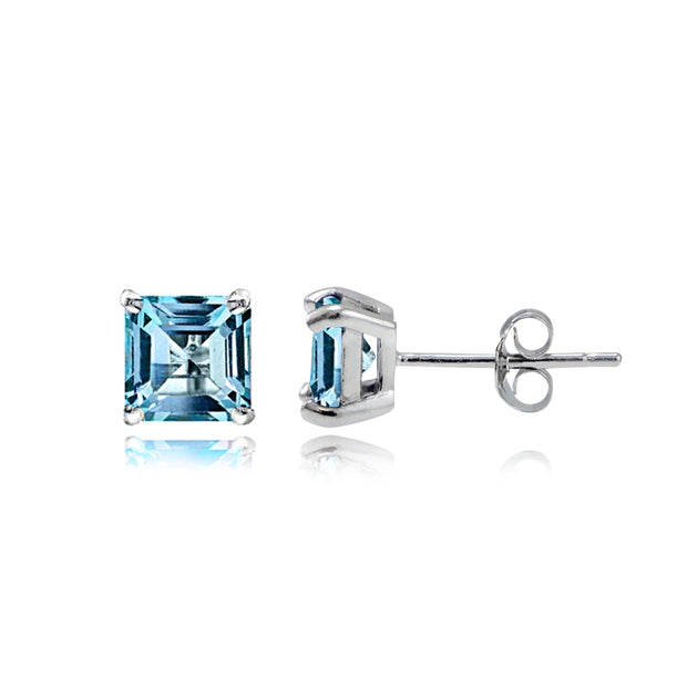 Sterling Silver Swiss Blue Topaz Square Solitaire Necklace and Stud Earrings Set