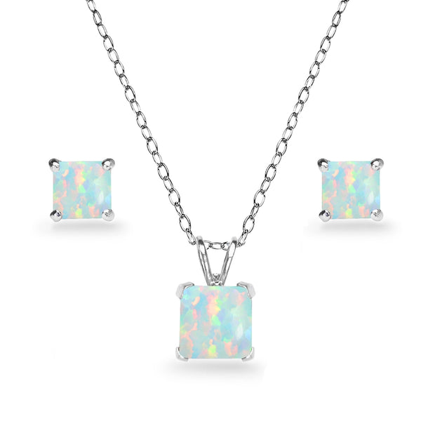 Sterling Silver Created White Opal Square Solitaire Necklace and Stud Earrings Set