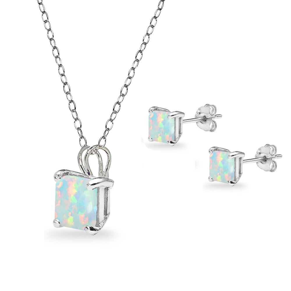 Sterling Silver Created White Opal Square Solitaire Necklace and Stud Earrings Set-2