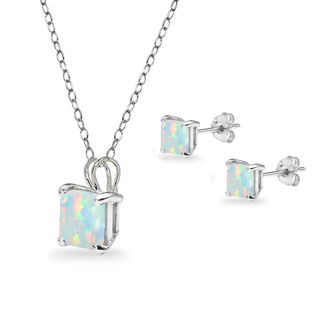 Sterling Silver Created White Opal Square Solitaire Necklace and Stud Earrings Set