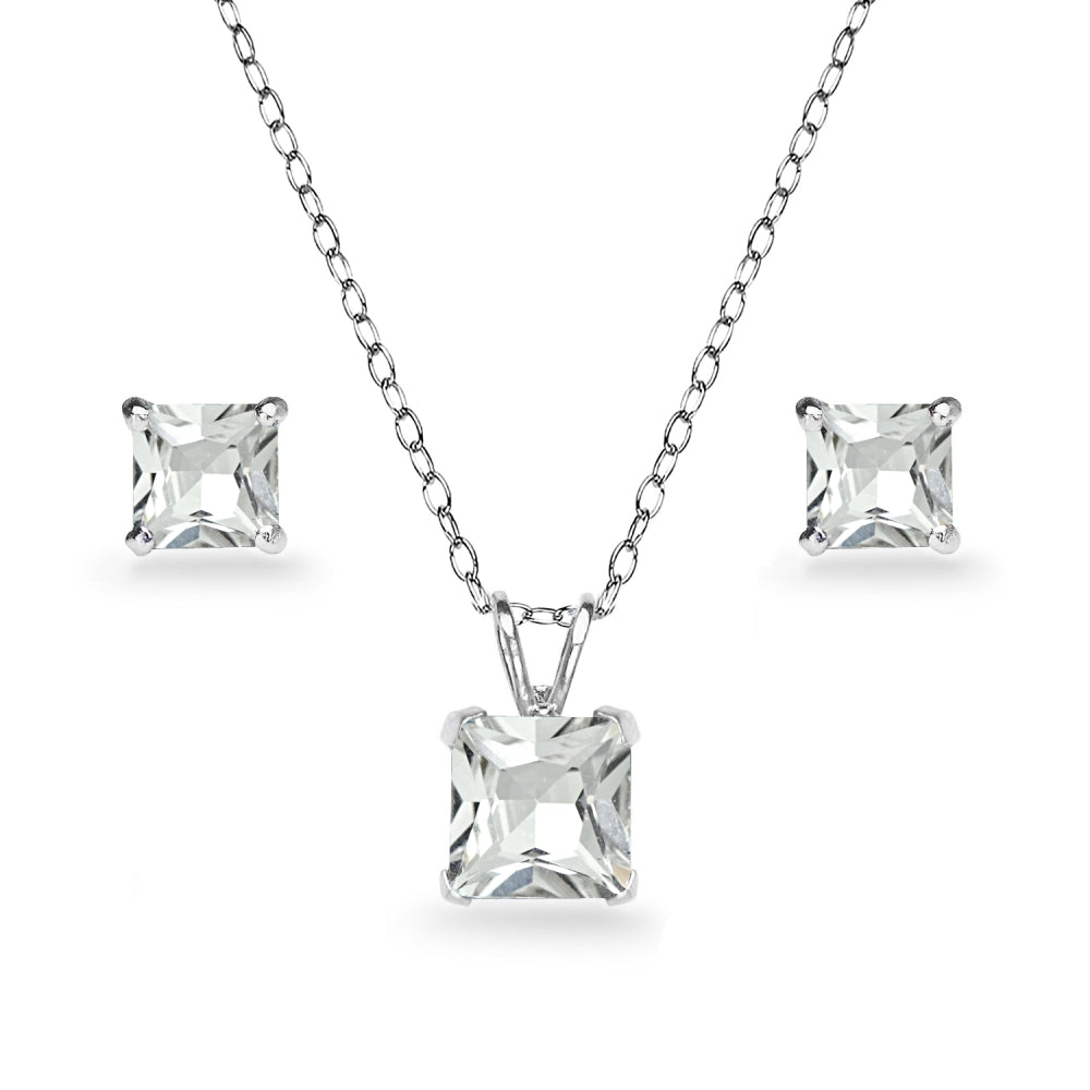 Sterling Silver Blue Topaz Square Solitaire Necklace and Stud Earrings Set