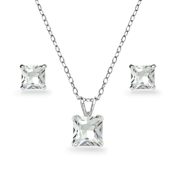 Sterling Silver Blue Topaz Square Solitaire Necklace and Stud Earrings Set