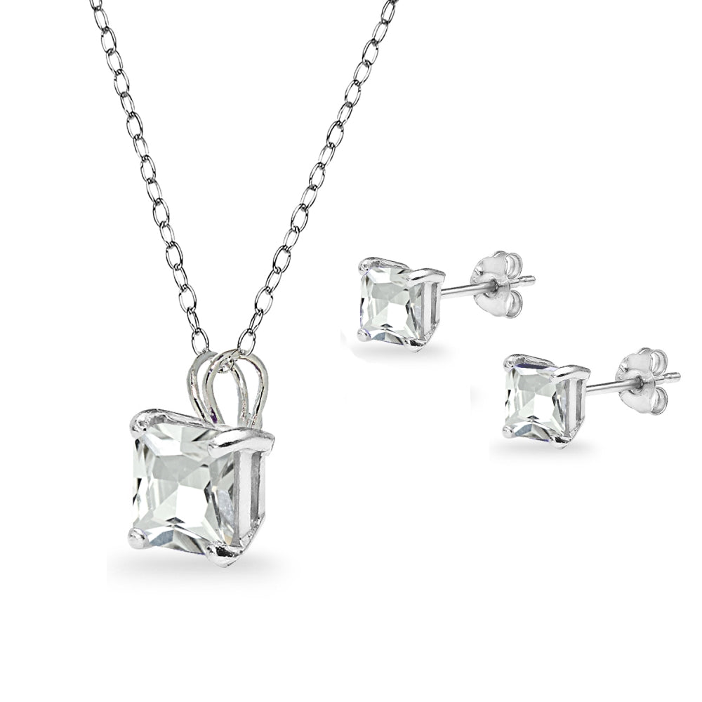 Sterling Silver Blue Topaz Square Solitaire Necklace and Stud Earrings Set-2