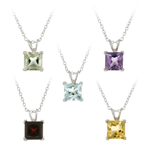Sterling Silver 9.1 ct TGW 7mm Square Amethyst, Blue Topaz, Citrine, Garnet & Green Amethyst Solitaire Pendants Set, 18"