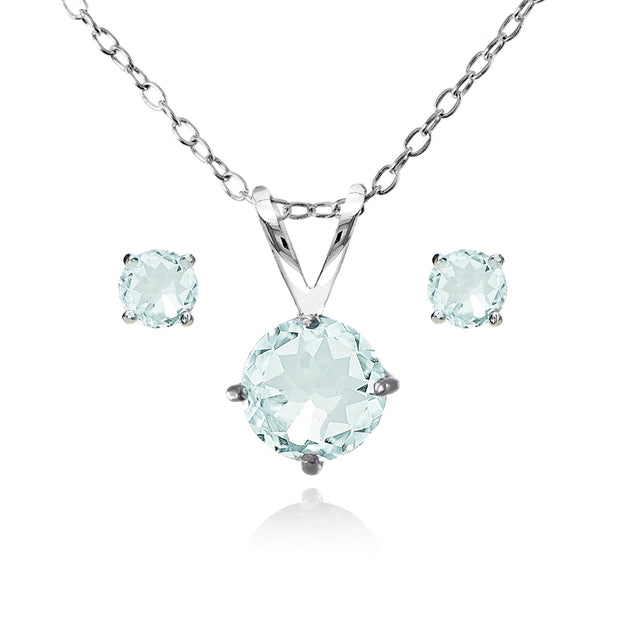 Sterling Silver Aquamarine Round Solitaire Necklace and Stud Earrings Set