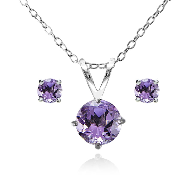 Sterling Silver Amethyst Round Solitaire Necklace and Stud Earrings Set