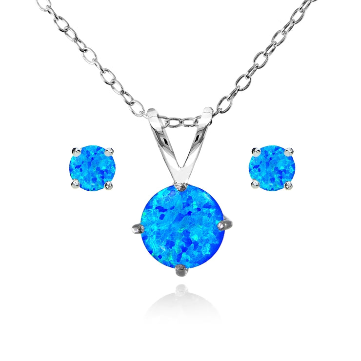 Sterling Silver Created Blue Opal Round Solitaire Necklace and Stud Earrings Set