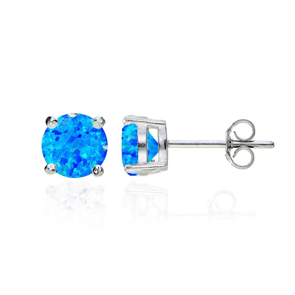 Sterling Silver Created Blue Opal Round Solitaire Necklace and Stud Earrings Set-2