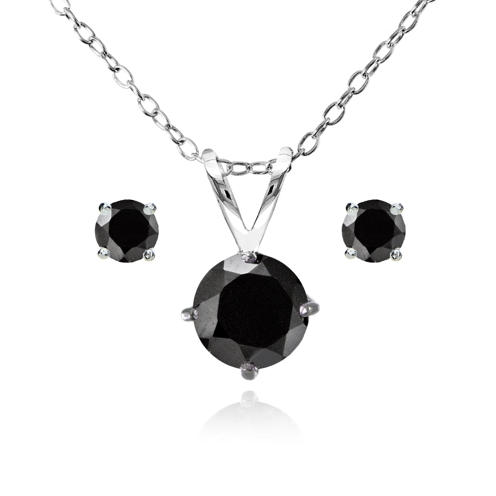 Sterling Silver Black Spinel Round Solitaire Necklace and Stud Earrings Set