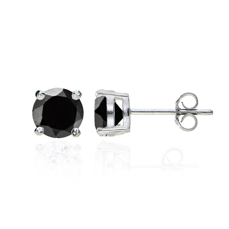 Sterling Silver Black Spinel Round Solitaire Necklace and Stud Earrings Set