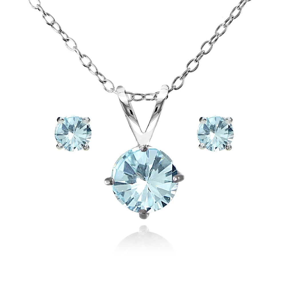 Sterling Silver Blue Topaz Round Solitaire Necklace and Stud Earrings Set