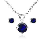 Sterling Silver Created Blue Sapphire Round Solitaire Necklace and Stud Earrings Set