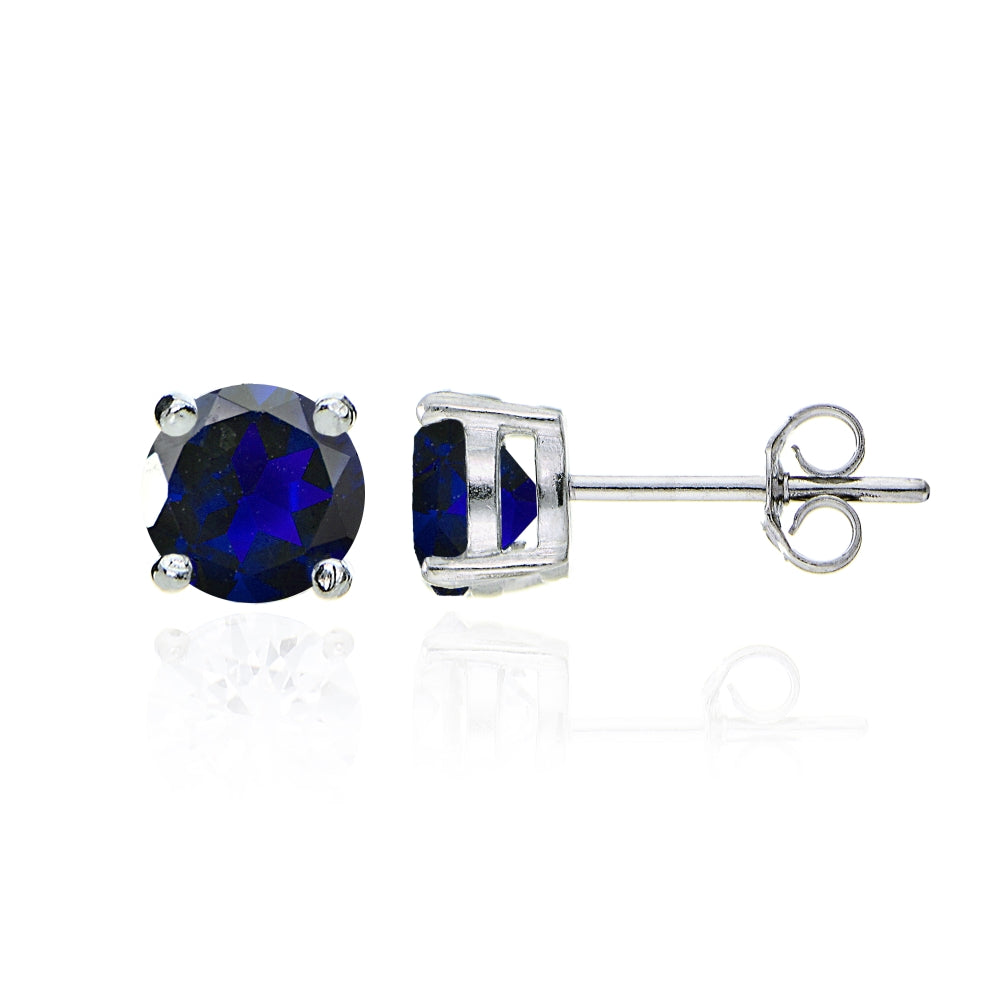 Sterling Silver Created Blue Sapphire Round Solitaire Necklace and Stud Earrings Set-2