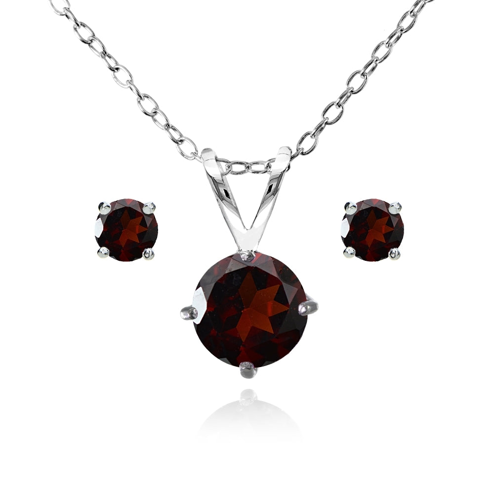 Sterling Silver Garnet Round Solitaire Necklace and Stud Earrings Set