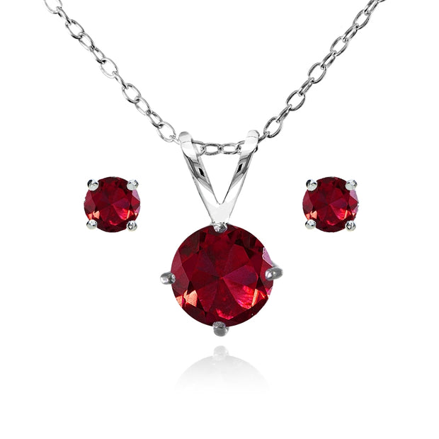 Sterling Silver Created Ruby Round Solitaire Necklace and Stud Earrings Set