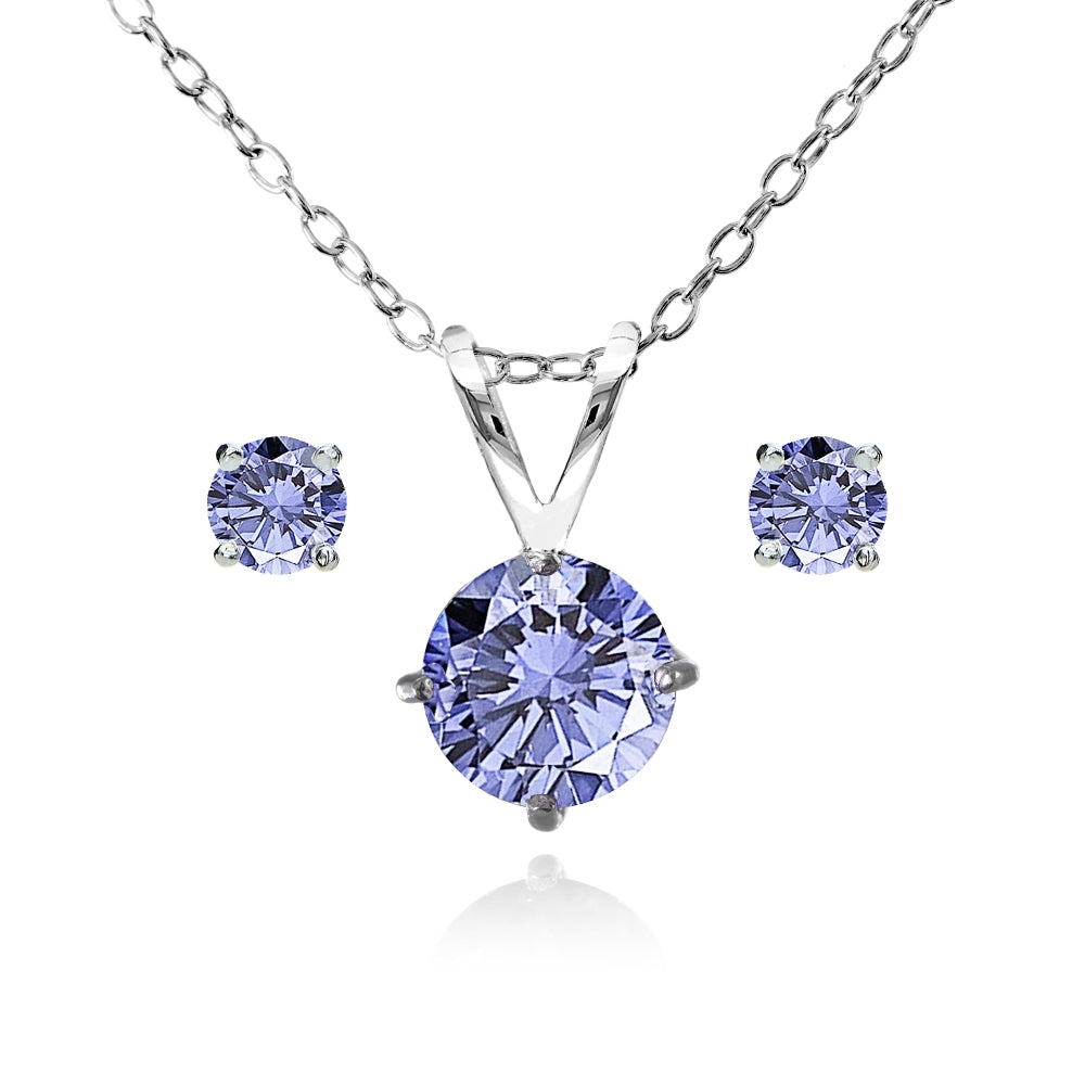 Sterling Silver Created Tanzanite Round Solitaire Necklace and Stud Earrings Set