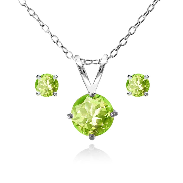 Sterling Silver Peridot Round Solitaire Necklace and Stud Earrings Set