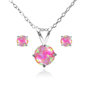 Sterling Silver Created Pink Opal Round Solitaire Necklace and Stud Earrings Set