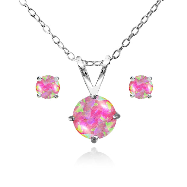 Sterling Silver Created Pink Opal Round Solitaire Necklace and Stud Earrings Set