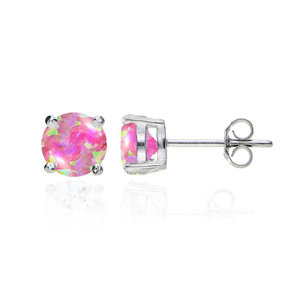 Sterling Silver Created Pink Opal Round Solitaire Necklace and Stud Earrings Set-2
